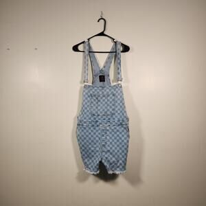 NO BO NO BOUNDARIES Denim Shortall Womens XL Blue Checkerboard Boho Cottagecore